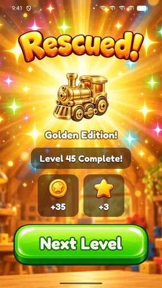 Bolt Rescue rescued screen with a golden toy train