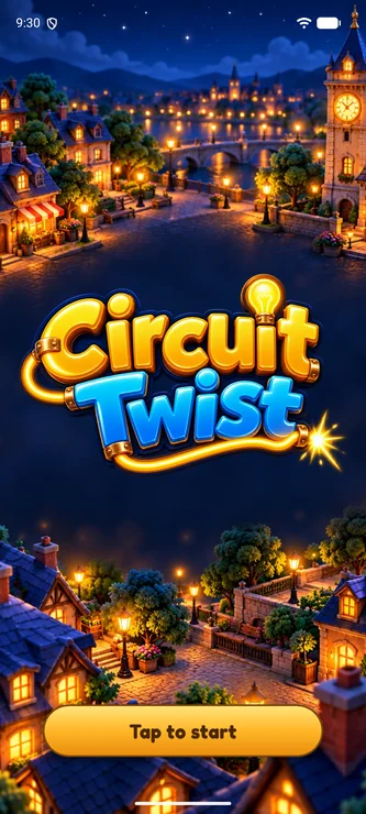 Circuit Twist title screen over a cozy town at night