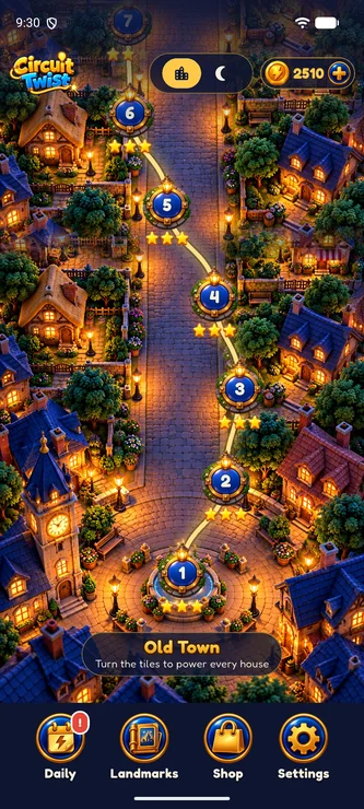 The Old Town map with lit level markers along a cobbled lane