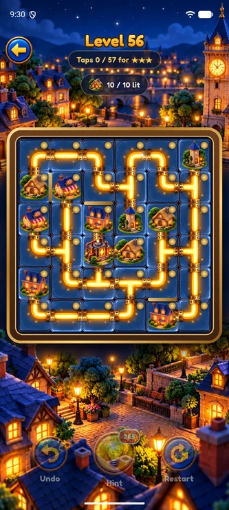 A solved Circuit Twist board with glowing gold pipes and lit houses