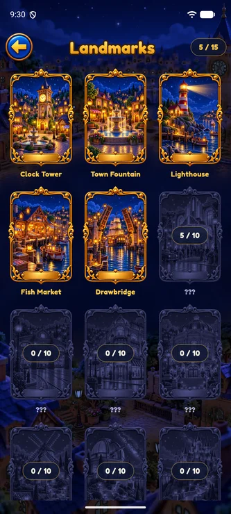 The Landmarks album with the clock tower, fountain and lighthouse cards