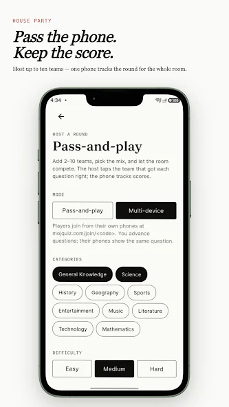 MojQuiz pass-and-play mode