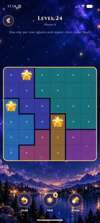 A Starfold puzzle with gold stars on coloured sky regions