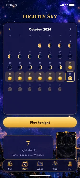 The Nightly Sky moon-phase calendar and streak
