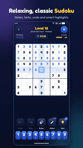 Sudoku Evolved classic puzzle with notes and hints