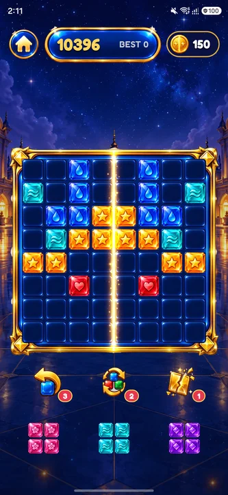 A Twinfall board with jewel pieces mirrored across a golden mirror line